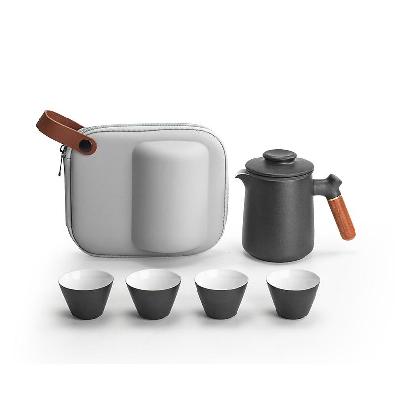 Ceramic Quick Tea Set with One Pot and Four Cups, Wooden Handle Teapot, Portable Bag