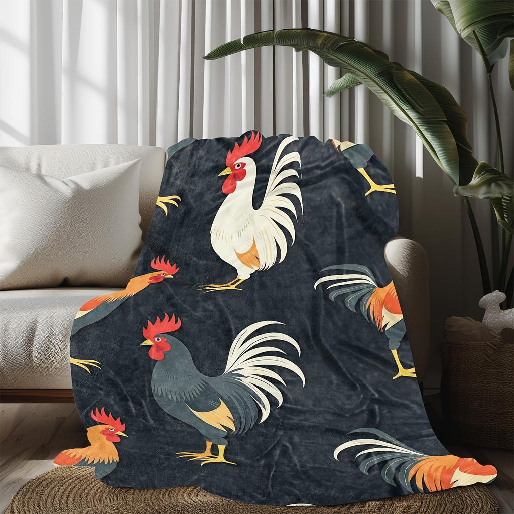 Chicken-Themed Flannel Blanket - Soft, Breathable Polyester with Vibrant Rooster & Hen Design, Perfect for All Seasons,