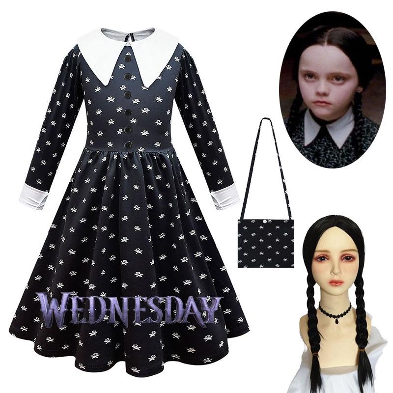 Wednesday Addams Dress Wig Cosplay Costume For Kid Girl Halloween Xmas Party
