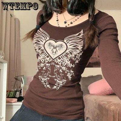 Koszulki Y2K z nadrukiem graficznym w stylu vintage Streetwear Estetyka retro Kawaii Topy Damskie Wiosna Jesień Bawełniane Brązowe Koszulki