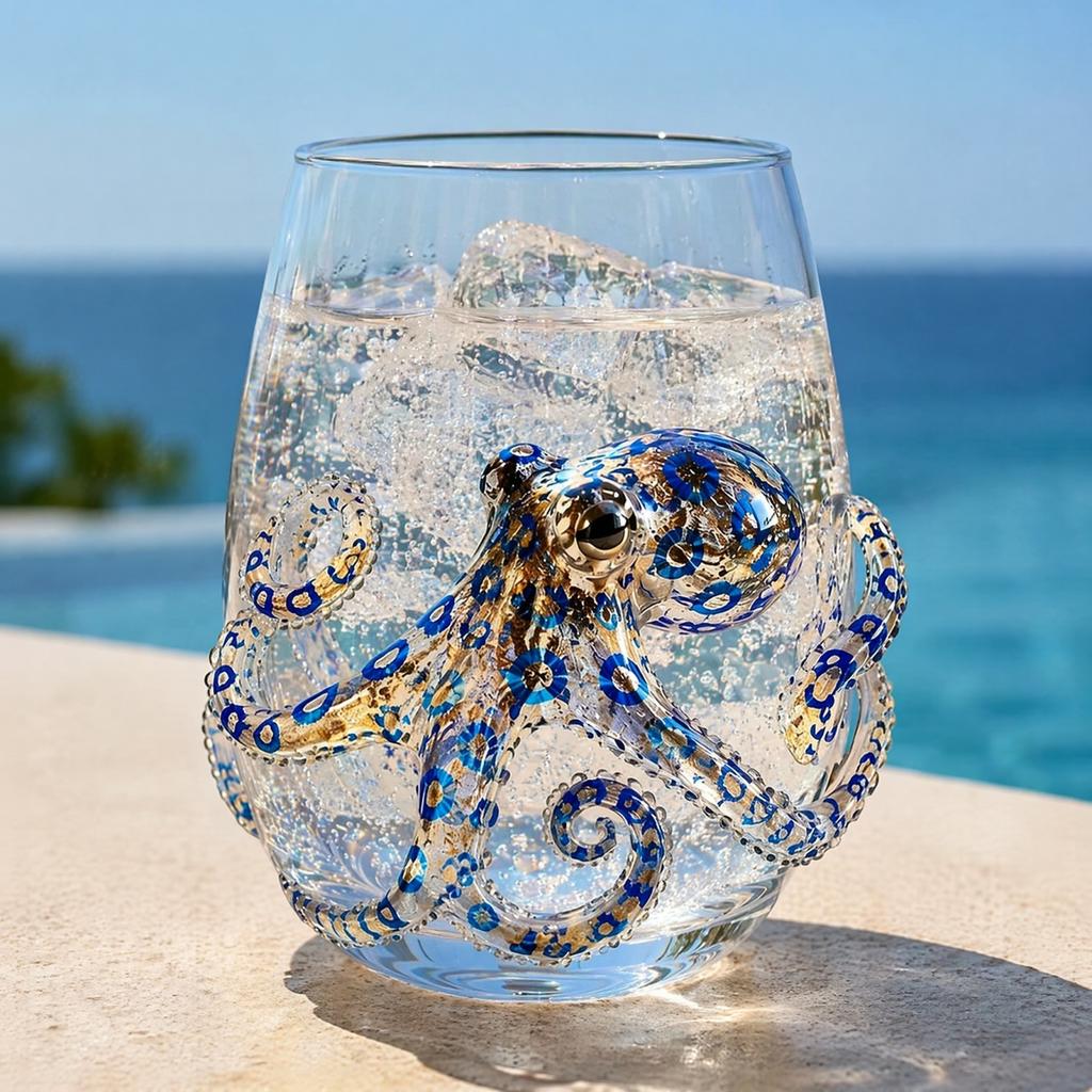 Unique Coastal Style Drinking Glass 12oz Octopus Water Cup Embossed Design Hand Painted Marine Cup for Ocean Lovers Home Bar Decor Decorative Theme