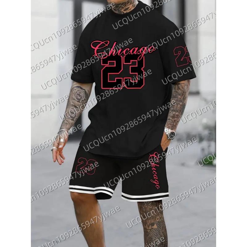 Summer Men's Chicago 23 Print Short Sleeve T-Shirt & Shorts Set Round Neck Gradient Short Sleeved Women's T-shirt Shorts Set