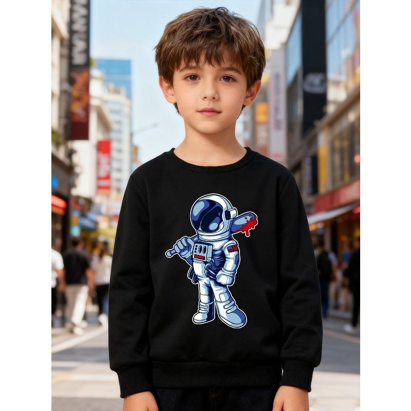 European sizes Kids' Fashion Crew Neck Pullover, Long Sleeve Top with Cartoon Astronaut Print, Suitable for Daily Casual Wear and Outdoor Activities