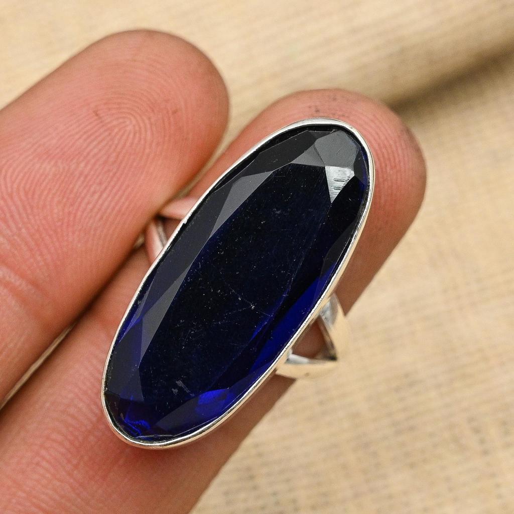 Blue Sapphire Lab-Created Gemstone Handmade 925 Sterling Silver Jewelry Ring For Women