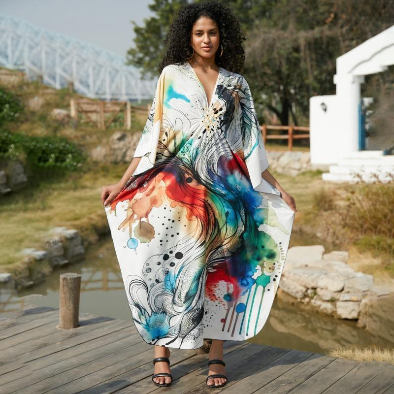 Vestidos casuales holgados con cuello en V y manga larga con estampado de bloques de color para mujer, primavera y otoño