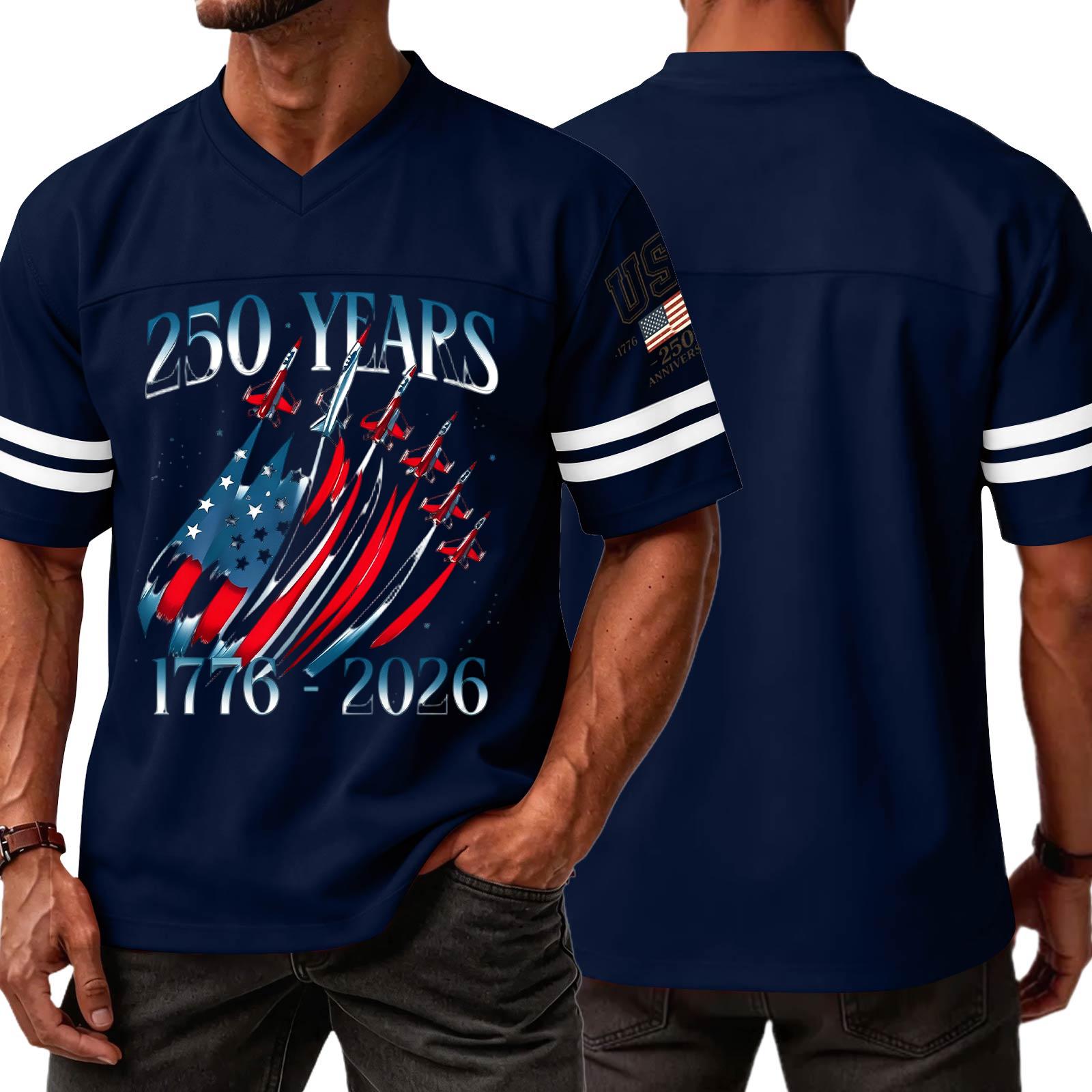 

Men V Neck Short Sleeve Jersey Style T Shirt with 250 Years 1776 2026 Print and Graphic Sports Top XXL тёмно-синий