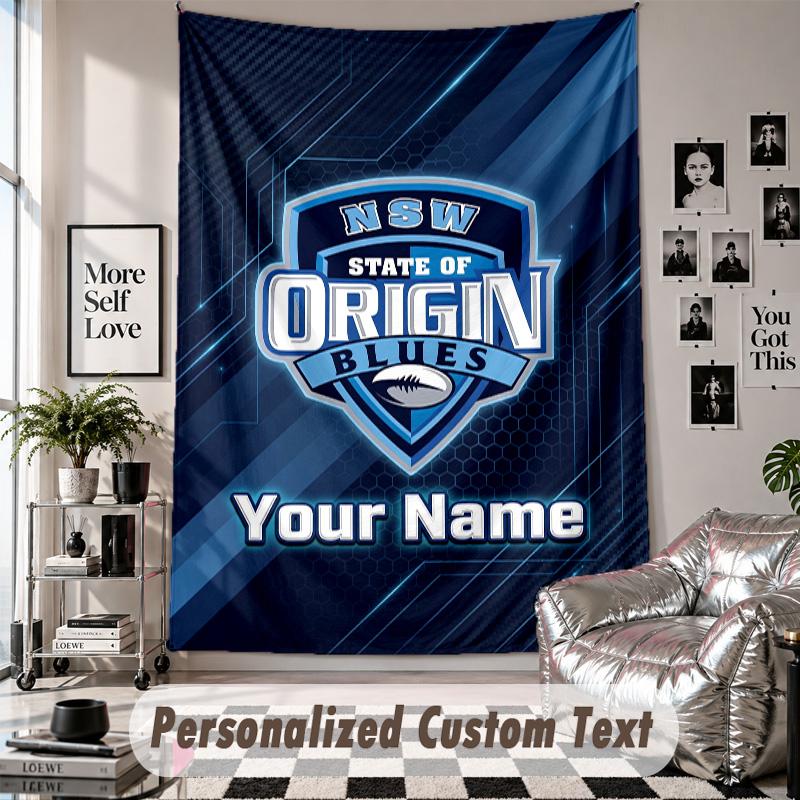 Wall Hanging Tapestry With Custom Name & Text, NSW Blues Logo Decorative Tapestry For Bedroom