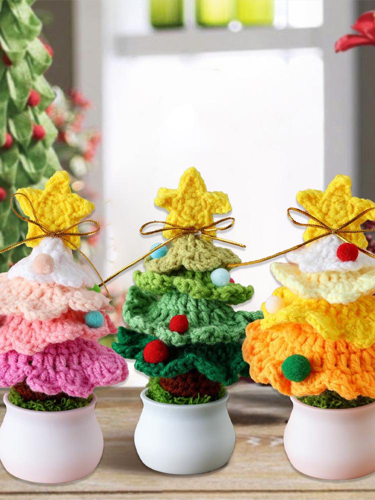 Mini Árbol de Navidad Tejido Simulación Árbol de Navidad de Ganchillo Adorno Bonsái para Centro Comercial Tienda Decoración del Hogar Verde