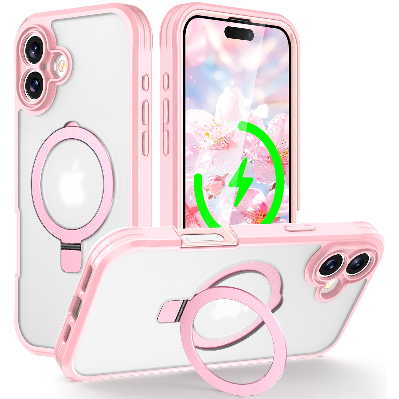 

For iPhone 16 Plus Case Skin Touch Solid Color TPU+PC Phone Cover with Magnetic Kickstand Pink