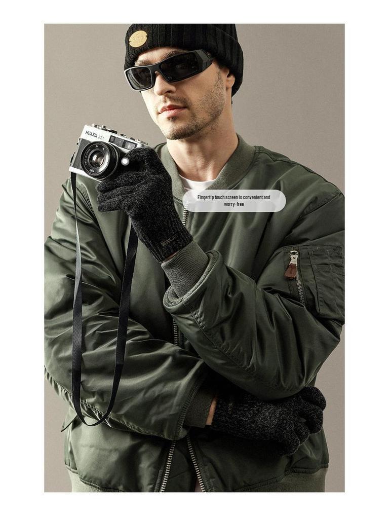 Herren Winddichte Wollstrick-Fahrradhandschuhe - Fleecegefüttert, Dick, Warm, Touchscreen-kompatibel