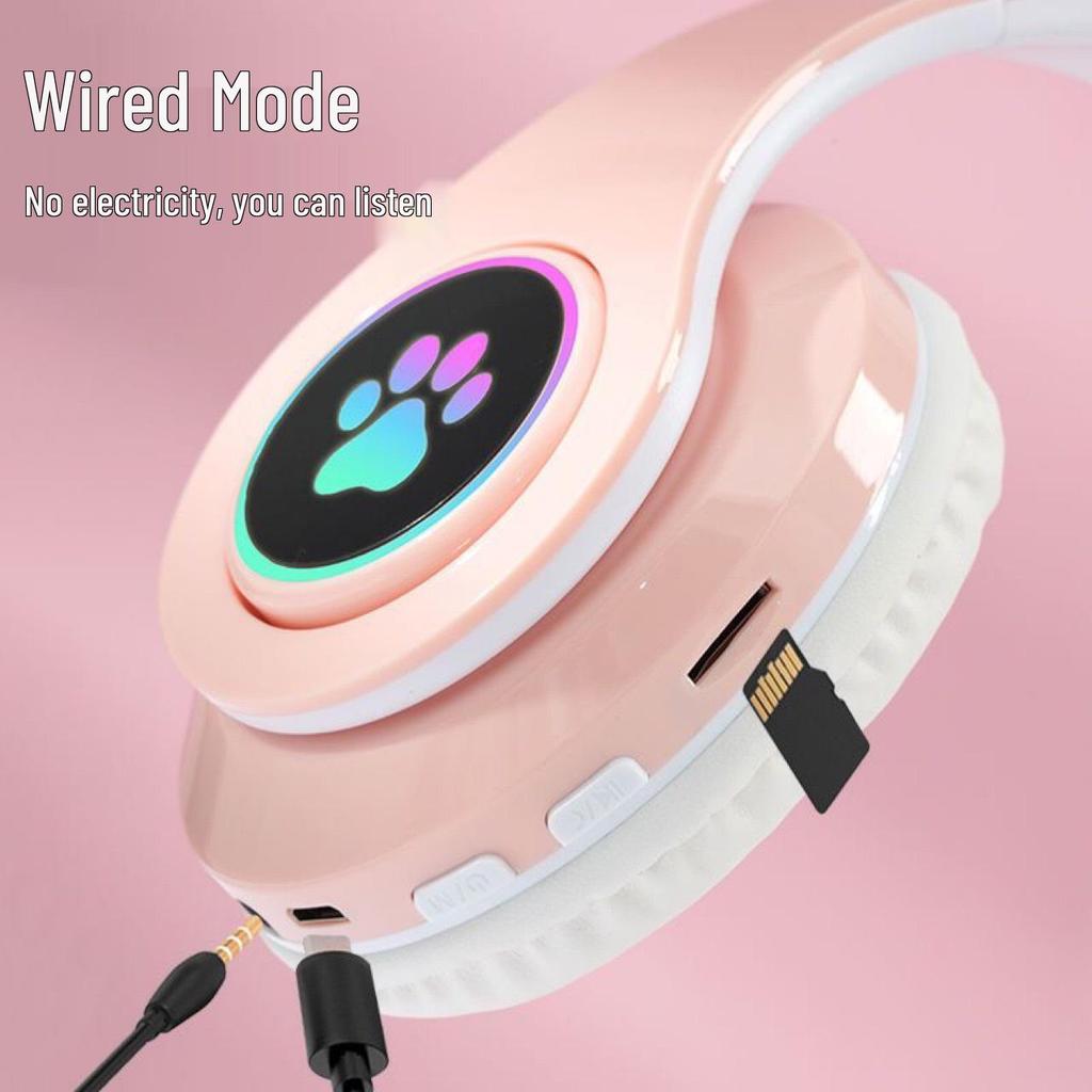 RGB Cat Ear Headband Bluetooth Gaming Headset with Wired Option