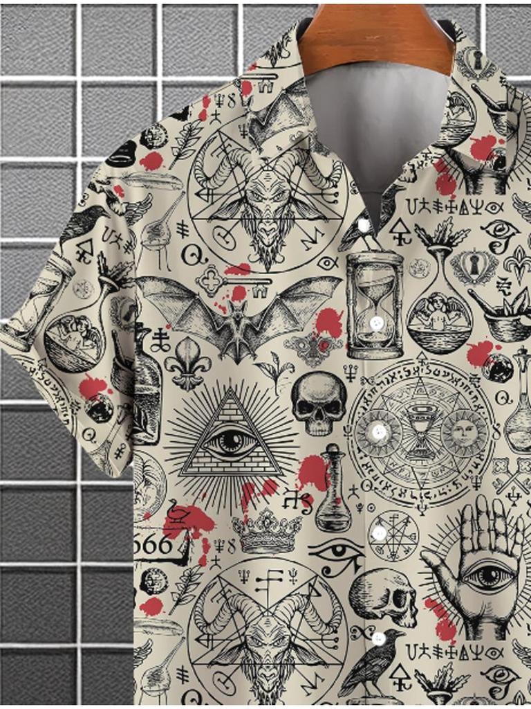 Casual Short-Sleeve Shirt for Men Featuring a Skull Print, Made from Polyester, Available in Various Colors And Sizes, Perfect for Everyday Use with a