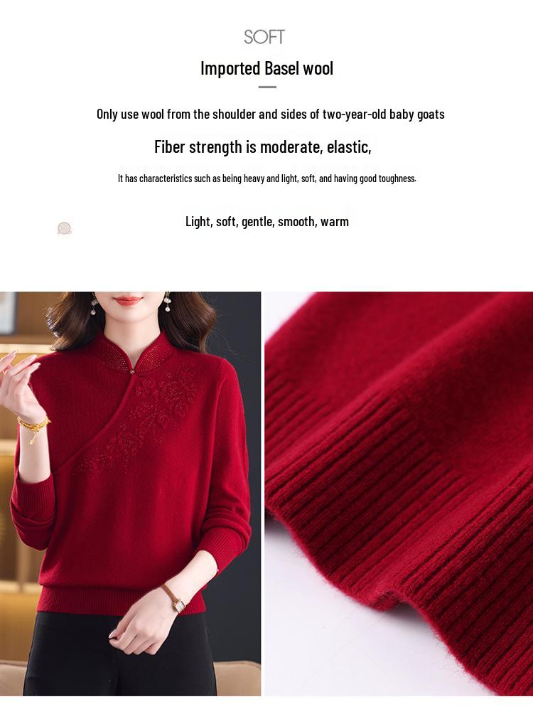 100% Pure Wool Embroidered Qipao Collar Sweater - Red, Age-Defying Knit Base Layer for Women