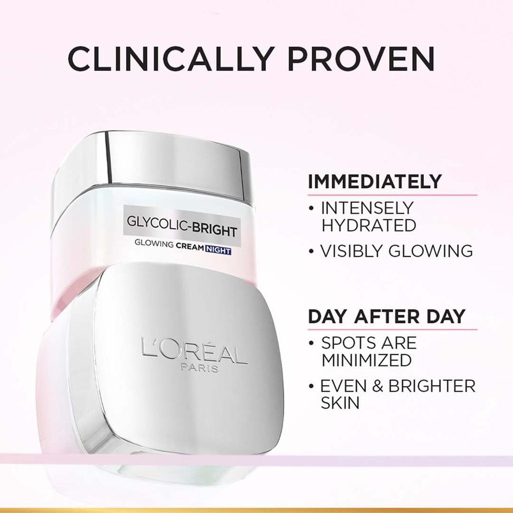 L'Oreal Paris Glycolic Bright Glowing Night Cream, Overnight Brightening Cream, Glycolic Acid in Gel-Like Cream Texture, 15ml