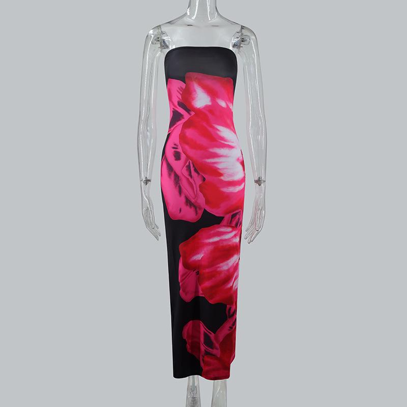 European & American Style Sexy Slim Fit Strapless Printed Long Dress with Side Slit for Women