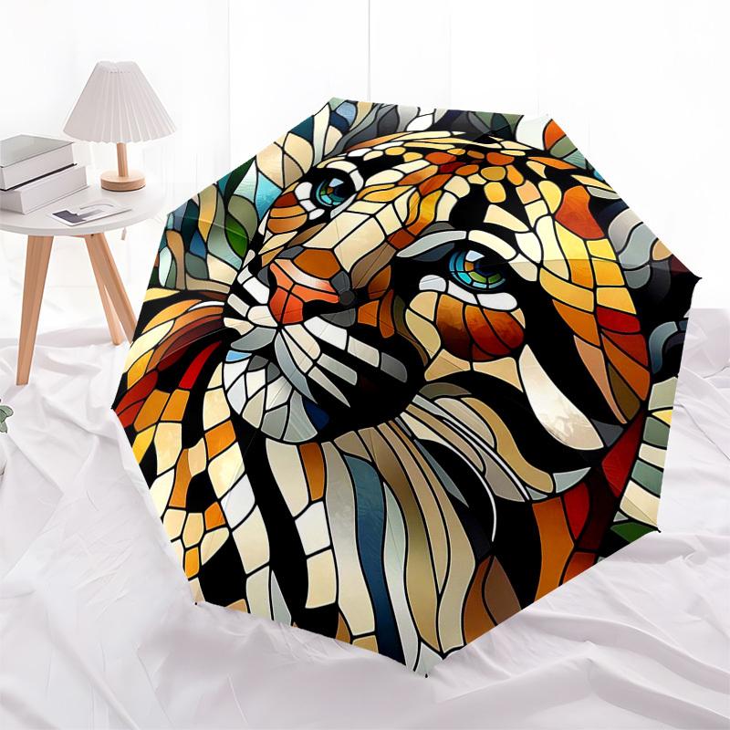 1pc Stained Glass Tiger Face Design Automatic Folding Umbrella - Portable 3-Fold Design, 8-Bone Iron Frame Outdoor Umbrella, Perfect Gift for Fans, Tr