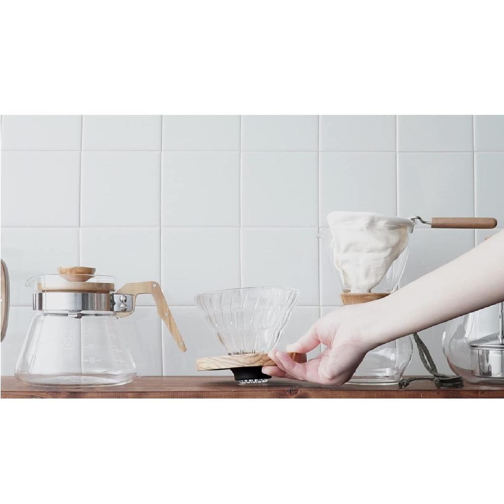 HARIO V60 Žáruvzdorný skleněný kávový dripper s povrchovou úpravou z olivového dřeva (02) pro 1-4 šálky (VDGR-02-OV)