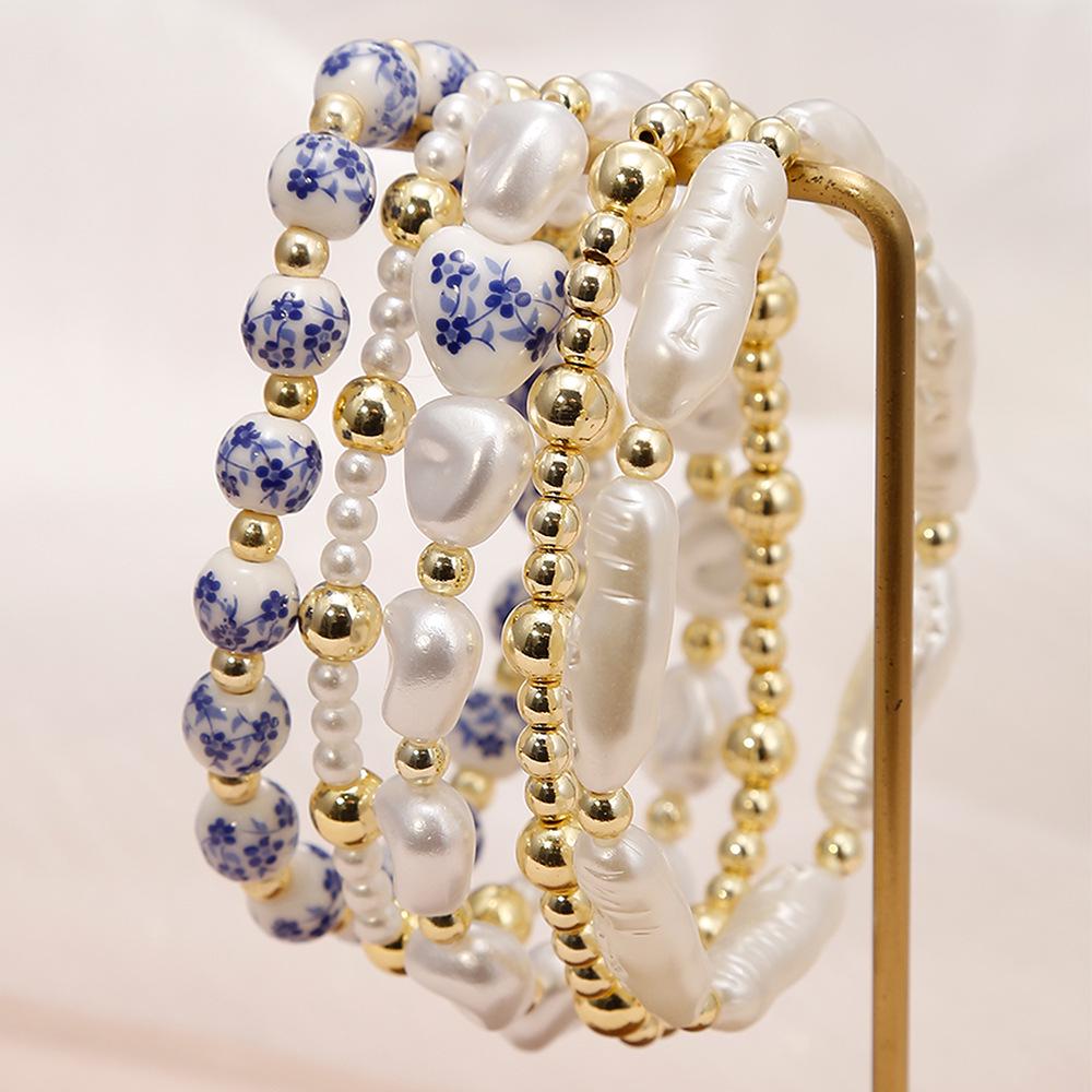 Elegant Blue & White Porcelain Gold Bead Bracelet with Faux Pearls and Layers