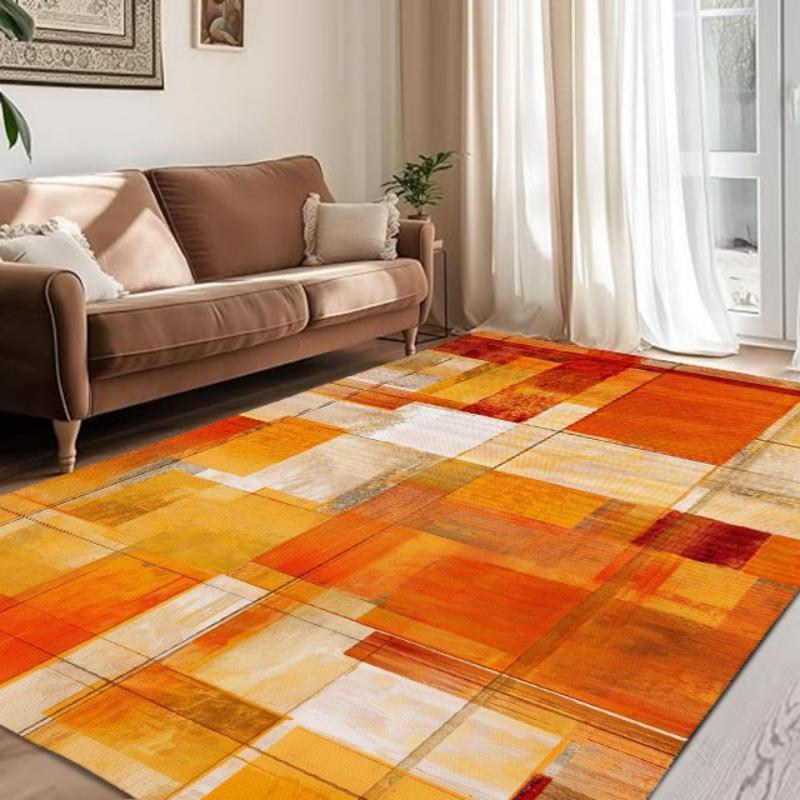 Modern Orange Geometric Area Rug – Abstract Patchwork Print Carpet – Soft Non-Slip Floor Mat for Living Room Bedroom Home Decor