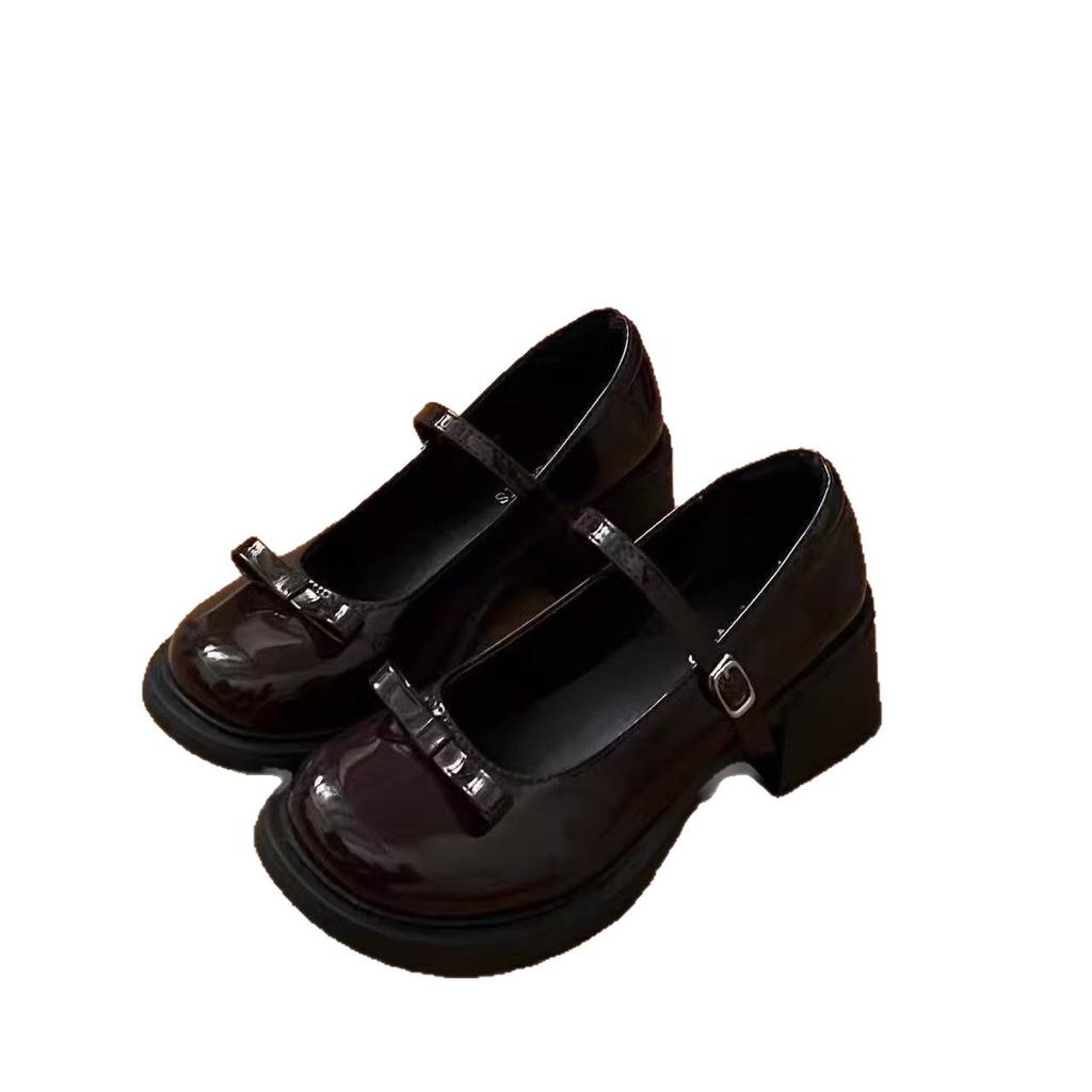 Französische Retro-High-Heel-Mary-Jane-Schuhe 22 Temperament elegant Herbst Schleife Runde Spitze Britischer Stil Kleine Lederschuhe