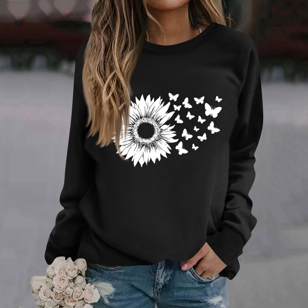 Women's Fashion Casual Long Sleeve Solid Color Printed Round Neck Top Sweatshirt