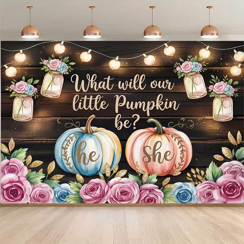 

2D Flat Rustic Gender Reveal Backdrop Pumpkin and Floral Background Cloth 47.2x31.5inch/120*80cm