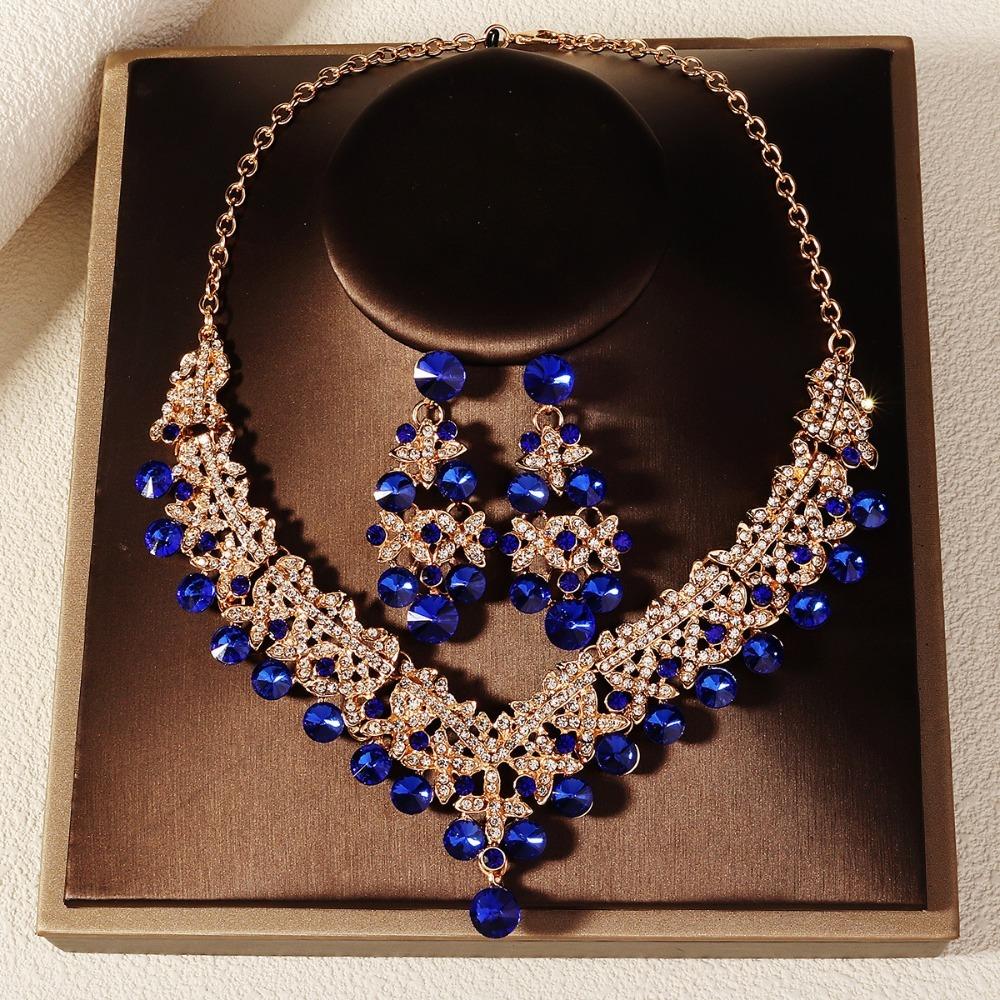 

Роскошные стразовые свадебные наборы украшений Кристальный свадебный набор ожерелья Ожерелье с цветком Серьги Вечеринка синий