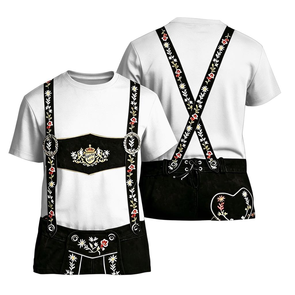 Men's Oktoberfest Short Sleeve T Shirt Vintage Texture Print Loose Fit Casual Summer Daily Wear Top with Embroidered Suspenders Design