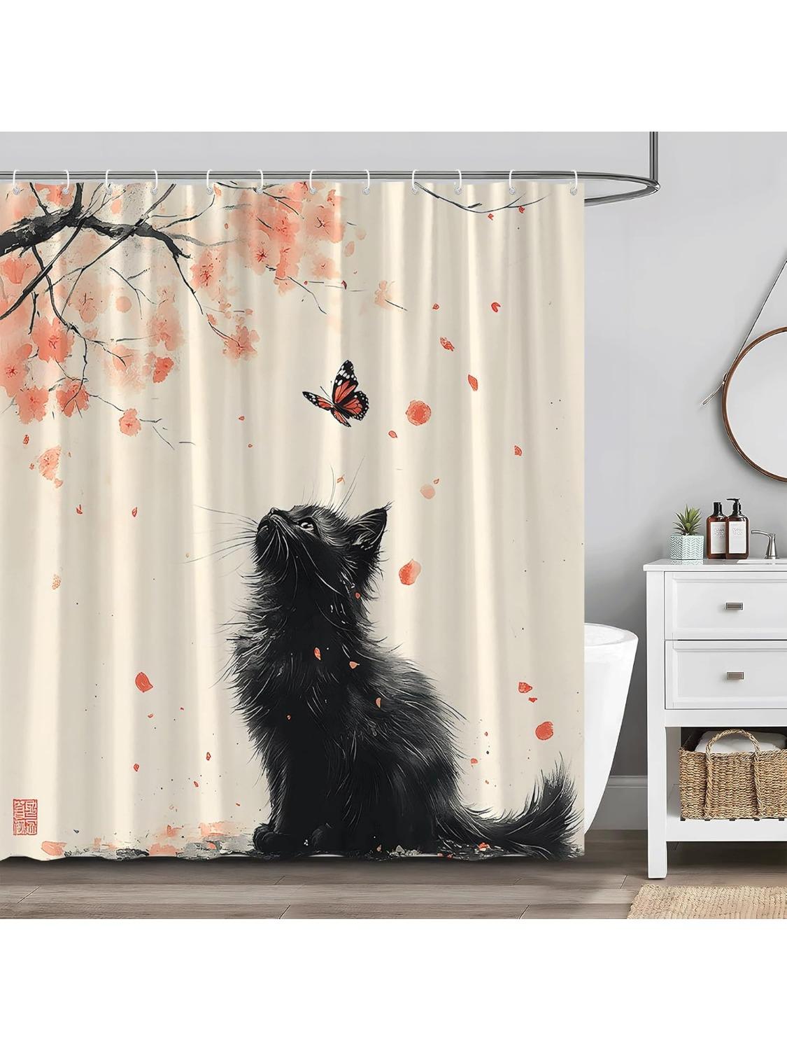 

Japanese Cat Shower Curtain Asian Black Cat Pink Floral Cherry Blossom Plum Blossom Cute Animal Butterfly Vintage Zen Garden W60H190(CM)-1 Pcs