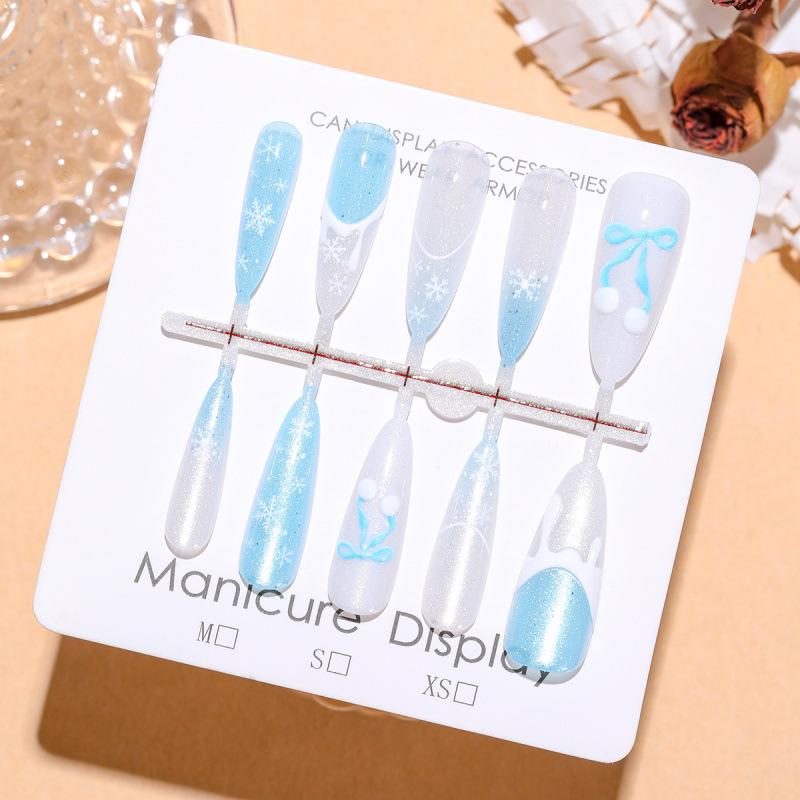 Winter Romance Snowflake Bow Almond Cat Eye Nail Stickers - 30 Pieces