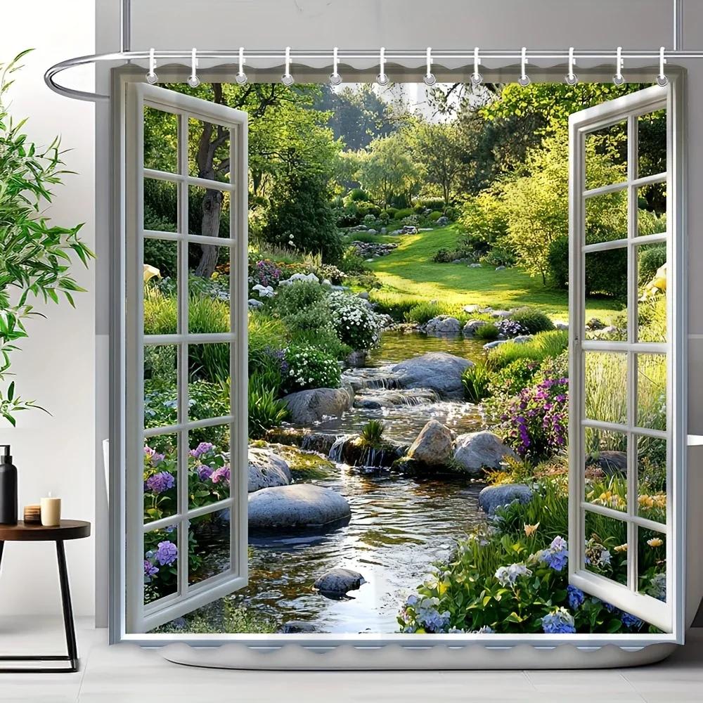 

Natural Landscape Shower Curtain | Modern Home Bathroom Decor, Includes Window Forest Floral Water Outdoor Garden Design W60H190(CM)-1 Pcs
