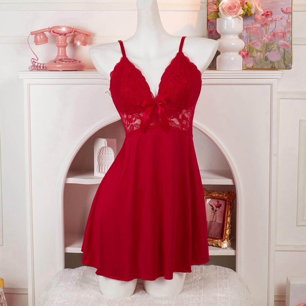 Высококачественное европейское и американское новое сексуальное кружевное платье-ночнушка на бретельках, чистое желание, соблазнительное, с открытой спиной, для частных случаев S красный