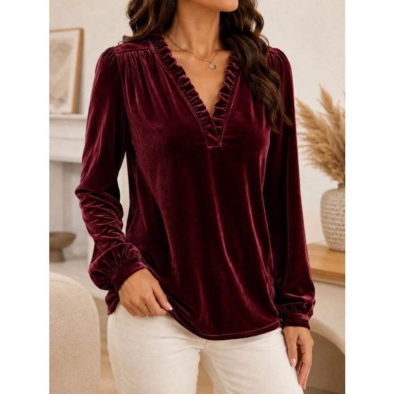 TIFICY Women's Fashion Casual Spring Autumn Solid Color Print Long Sleeve V-Neck Blouses & Shirts