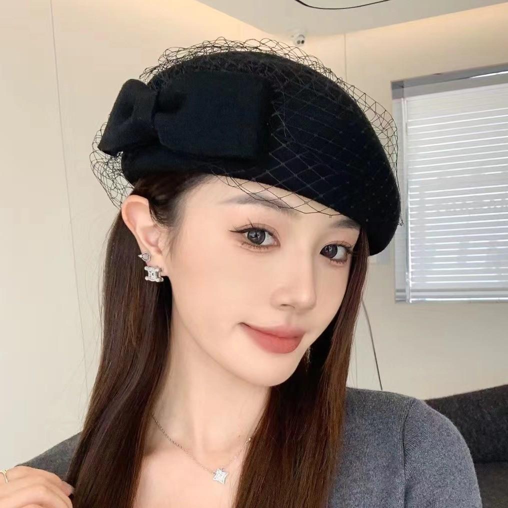 

French mesh bow beret children autumn and winter Australian wool woolen felt hat British top hat retro stewardess hat one size fits all and adjustable чёрный