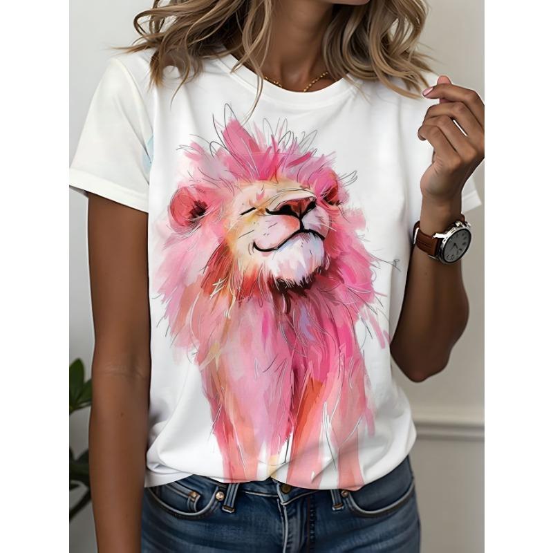 Round neck white short sleeved T-shirt | Dreamy pink mane watercolor lion print women s casual short sleeved shirt S