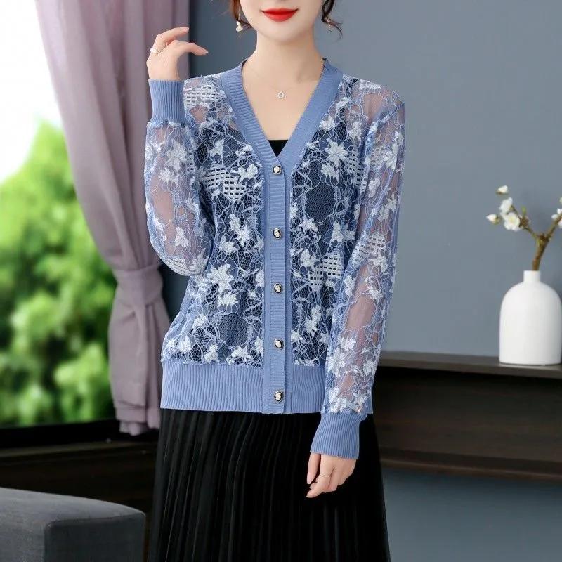 Dam sommar tunn v-ringad spetsstickad kofta jacka design med urhålad kortärmad topp
