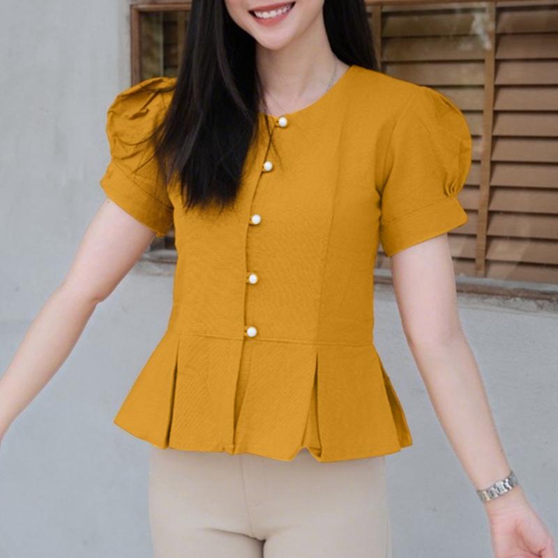 

ZANZEA Женская летняя блузка с круглым вырезом, однотонная, с коротким рукавом 5XL жёлтый