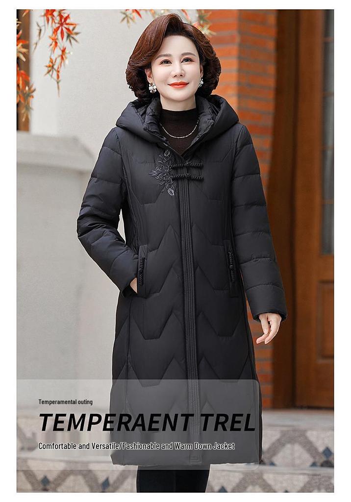 2024 Winter Chinese Style Mid-Length Down Jacket for Middle-Aged Women, Over-the-Knee, Plus Size