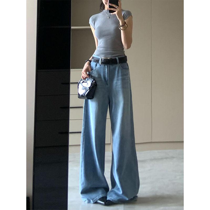 

Women s Extra Long Light Blue Wide Leg Jeans - High Waist, Loose, Slimming, Versatile, Drapey, Straight Leg, Floor Length. S