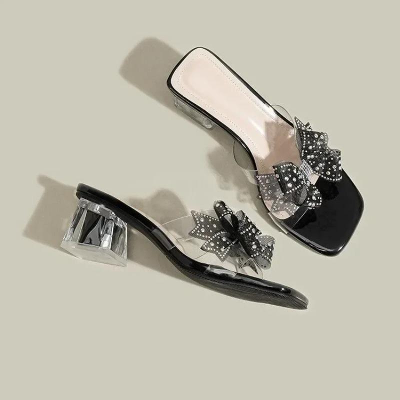 Women Slippers Fashion Square Head Designer High Heel Slippers PVC Transparent Slippers for Women Sweet Bow French Style Slipper