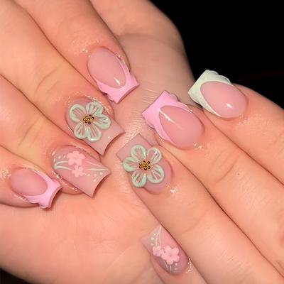 24 Stück Rosa Grüne French Press-On-Nägel Kurz Quadratisch Mit 3D-Blumendesign Abnehmbar Vollabdeckung Falsche Nagelspitzen