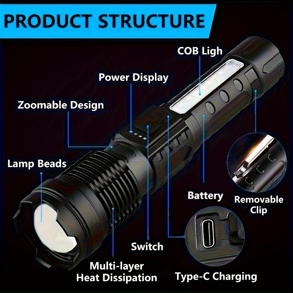 Rechargeable LED Flashlight, Pen Clip + Drawstring Portable Flashlight with Zoom and Battery Indicator, 7 Lighting Modes