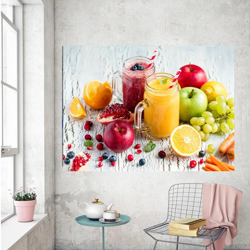 Healthy Food Kitchen Poster Canvas Painting Cocktails Smoothies Apple Orange Grapes Pictures Wall Art For Home Restaurant Decor