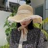 Women's Summer Lace Trim Straw Hat with Bow and Sun Protection