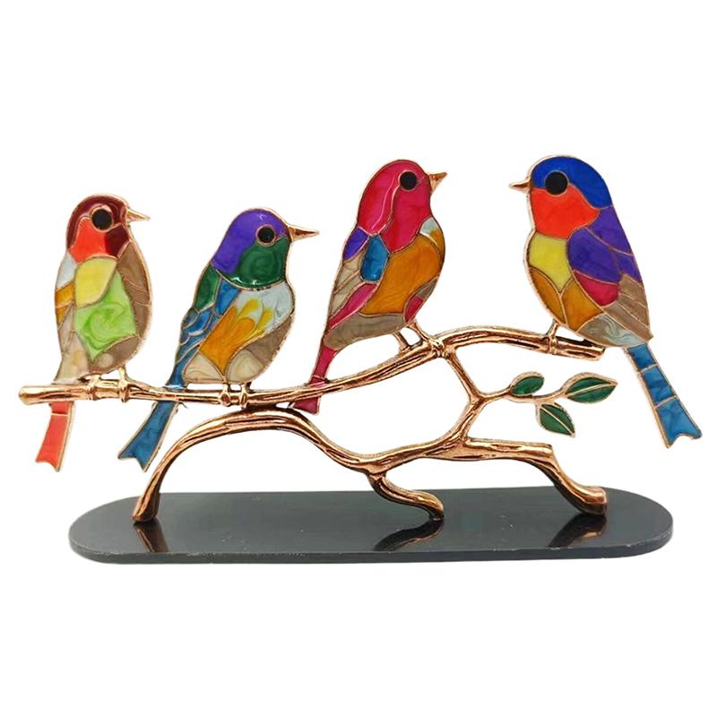 Stained Acrylic Birds On Branch Desktop Ornaments, Double Sided Multicolor Style Birds Craft Statue Desktop Ornaments