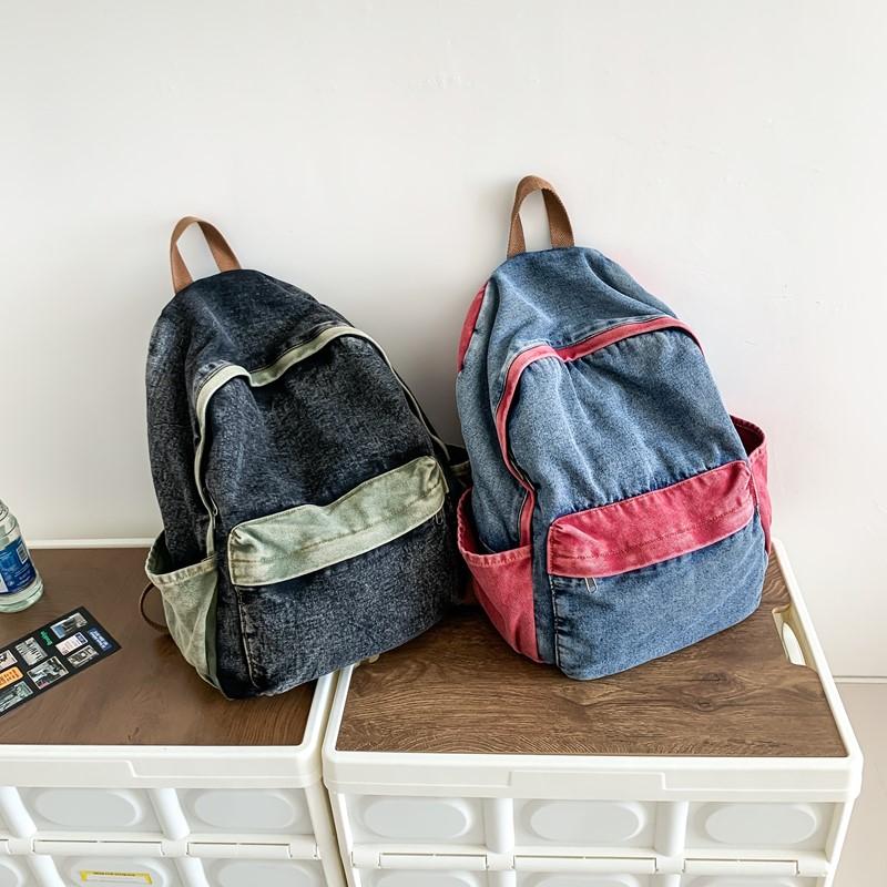 High Quality Denim Color Blocking Designer Style Portable Backpacks for Unisex Fashi Youth Casual Large Capacity School Bags