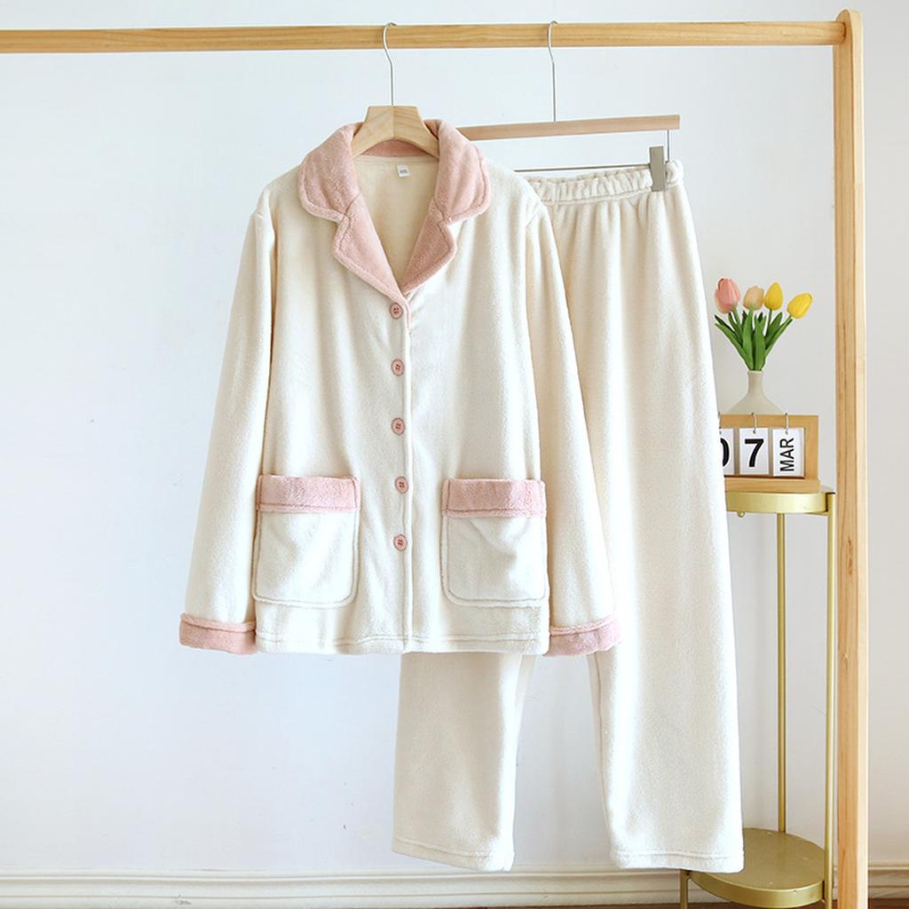 Ladies' Casual And Comfortable Round Neck Warm And Plush Home Clothes Cardigan Sleepwear And Pants Set