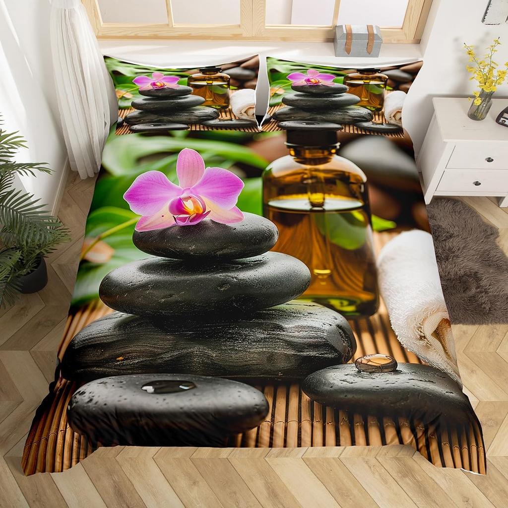 Zen Stones Duvet Cover Green Bamboo Fountain Bedding Set,Twin King,Spa Still Life Comforter Cover Natural Meditation Quilt Cover