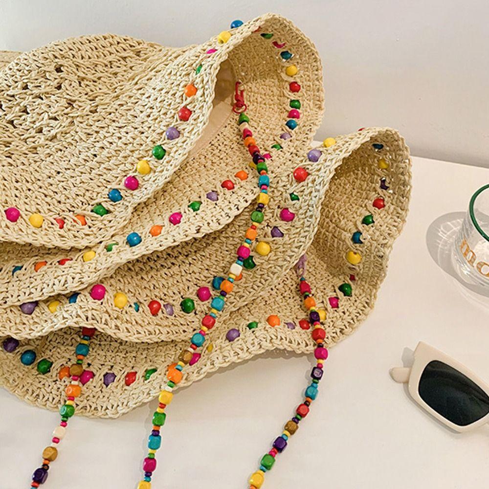 Foldable Straw Hat Color Wood Beads Sunscreen Hat New Sun Cap