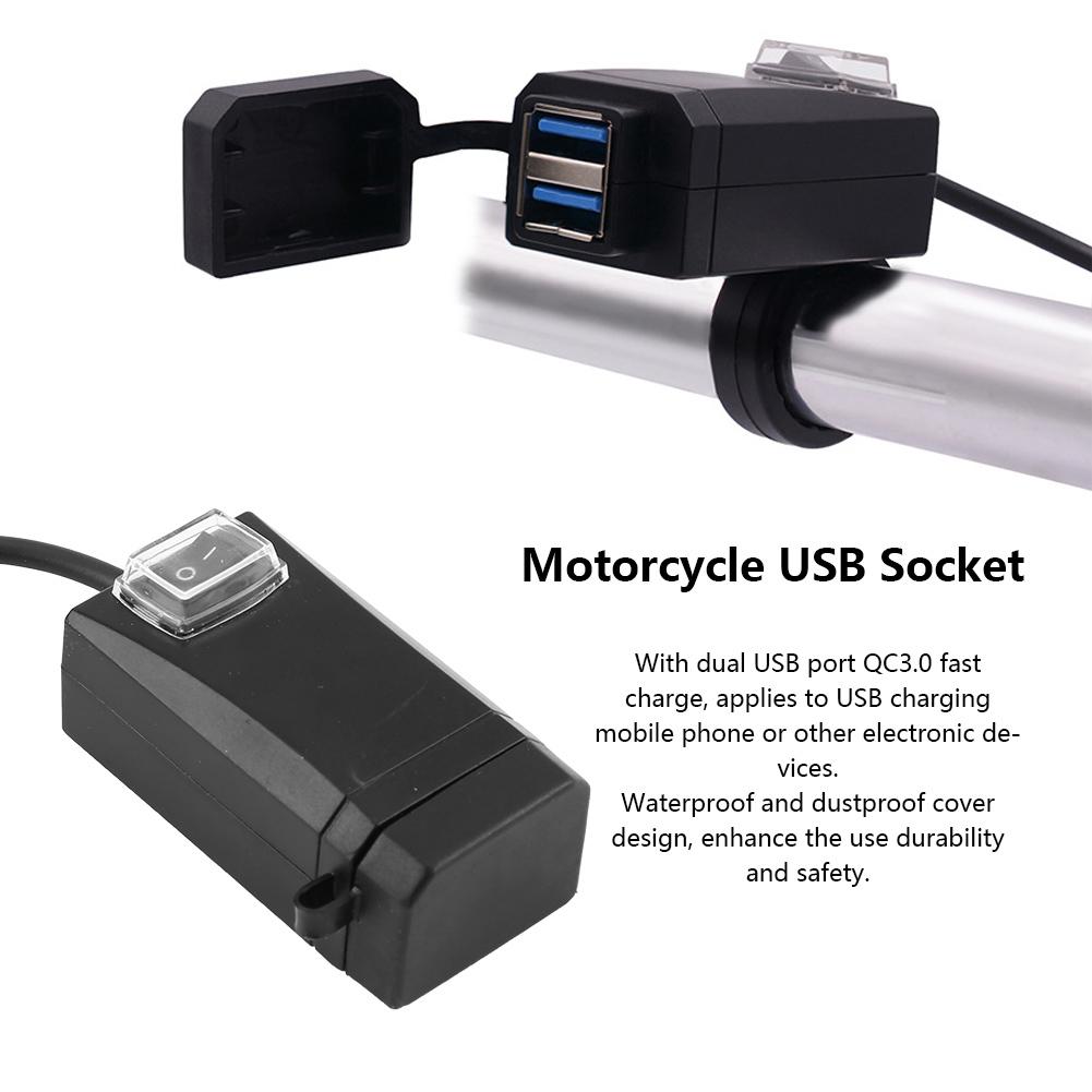 12 24V Universal Motorcycle Mobile Phone Charger with Switch Dual USB QC3.0 Fast Charge